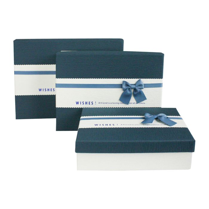 Emartbuy Set of 3 Rigid Luxury Rectangle Presentation Gift Box, Cream Box with Blue Lid, Chocolate Brown Interior and Decorative Ribbon