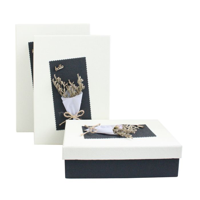 Emartbuy Set of 3 Rigid Luxury Rectangle Shaped Presentation Gift Box, Black Box with White Lid, Chocolate Brown Interior and Dried Flower Decoration