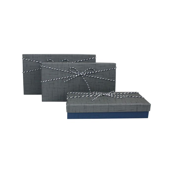Emartbuy Set of 3 Gift Box, Dark Blue Textured Box with Grey Lid and Striped Decorative Ribbon