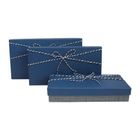 Emartbuy Set of 3 Rigid Gift Box, Grey Box with Dark Blue Lid, Chequered Interior and Striped Ribbon