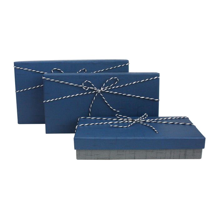 Emartbuy Set of 3 Rigid Gift Box, Grey Box with Dark Blue Lid, Chequered Interior and Striped Ribbon