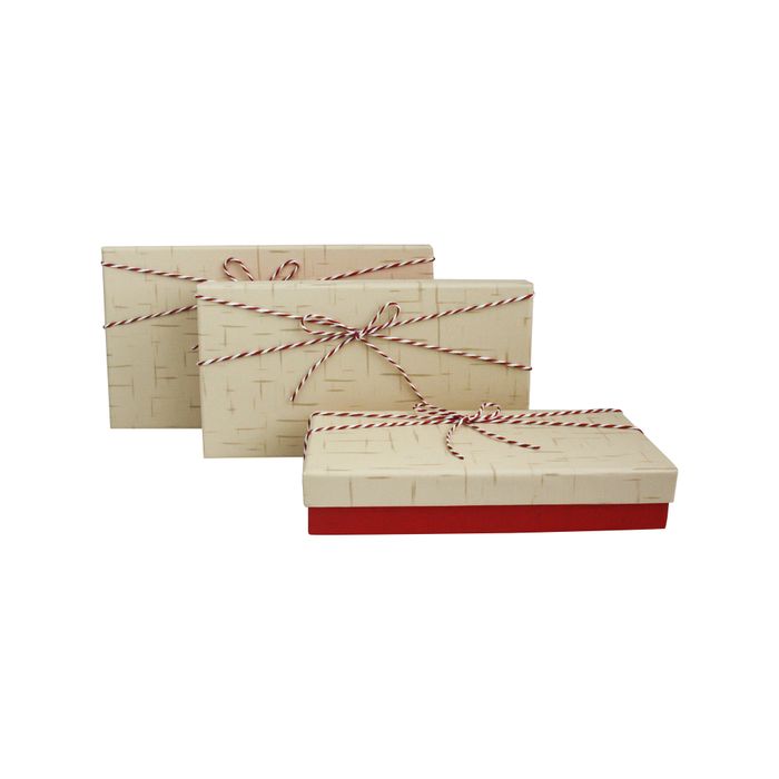 Emartbuy Set of 3 Gift Box, Red Textured Box with Cream Lid and Striped Decorative Ribbon