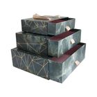 Emartbuy Set of 3 Gift Box, Blue Grey Marble Print with Golden Origami Lines and Beige Carry Handle