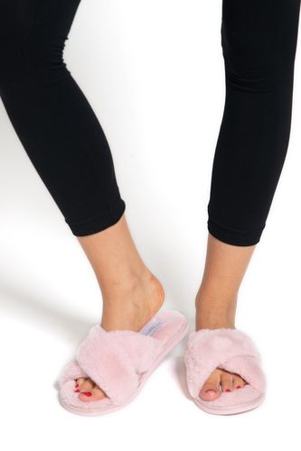 Z007 Faux Fur Cross Over Pink Slippers