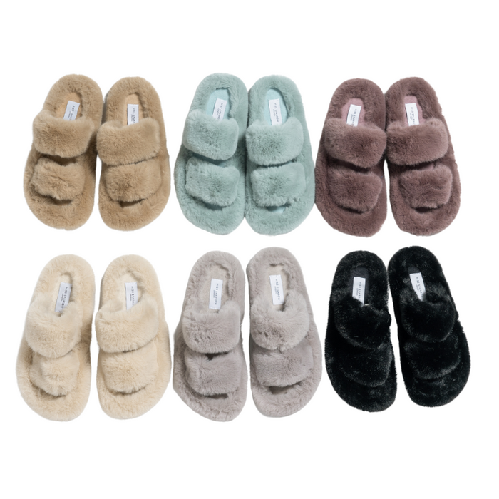 Z004 Faux Fur Double Strap Slippers Cream