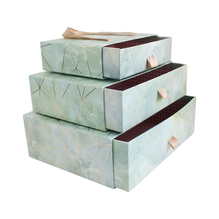 Emartbuy Set of 3 Gift Box, Sea Green Marble Print with Golden Origami Lines and Beige Carry Handle