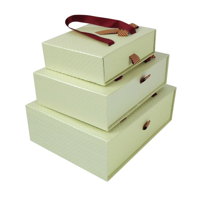 Emartbuy Set of 3 Rigid Luxury Rectangle Presentation Gift Box, Textured Cream Box with Chequered Interior, Satin Bow and Carry Handle