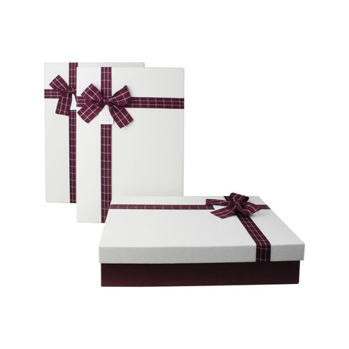 Emartbuy Set of 3 Rigid Luxury Rectangle Shaped Presentation Gift Box, Burgandy Box with Cream Lid, Chocolate Brown Interior and Striped Decorative Ribbon Bow
