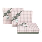 Emartbuy Set of 3 Rigid Luxury Rectangle Presentation Gift Box, Grey Box with Pink Chequered Lid, Chocolate Brown Interior and Grey Decorative Bow Ribbon