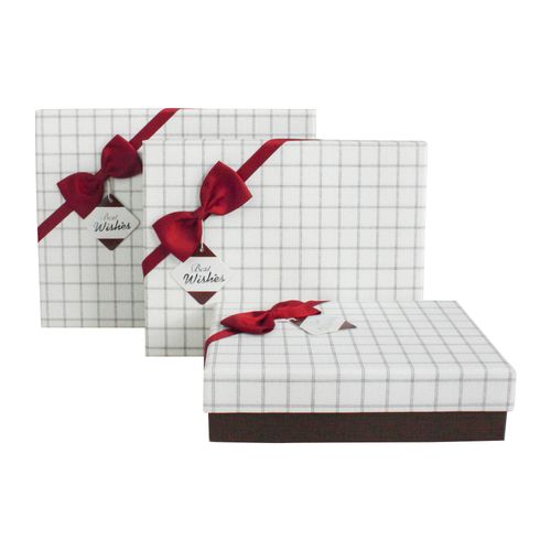 Emartbuy Set of 3 Rigid Luxury Rectangle Presentation Gift Box, Brown Box with Cream Chequered Lid, Chocolate Brown Interior and Dark Pink Decorative Bow Ribbon