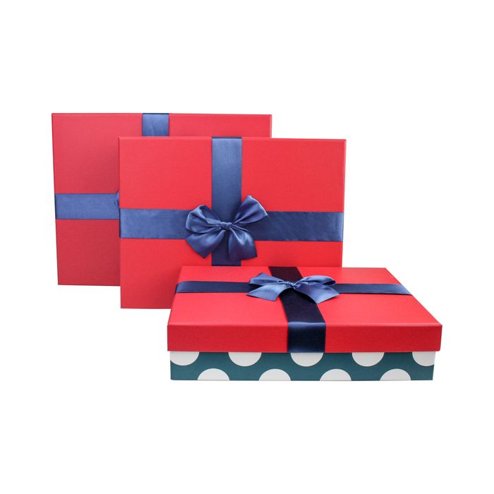 Emartbuy Set of 3 Rigid Gift Box, Blue Polka Dots Box with Pink Lid and Satin Ribbon Bow