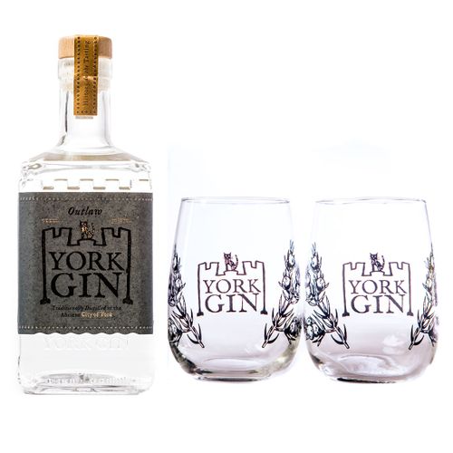 Large bottle and pair of tumblers - York Gin Outlaw