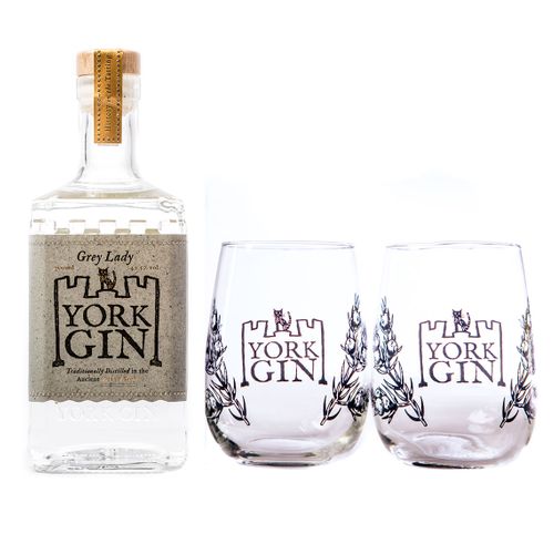 Large bottle and pair of tumblers - York Gin Grey Lady
