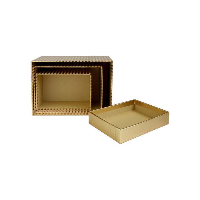 Emartbuy Set of 3 Gift Box, Gold Stripes Box with Gold Lid & Light Brown Interior