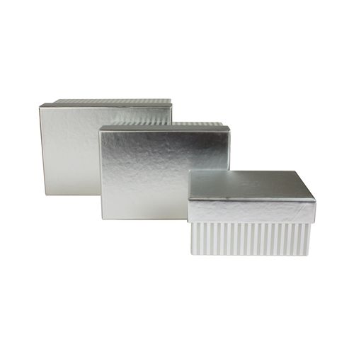 Emartbuy Set of 3 Gift Box, Silver Stripes Box with Silver Lid & Grey Interior