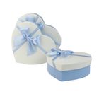Emartbuy Set of 3 Rigid Heart Shaped Presentation Gift Box, Textured Blue Box with White Lid, Polka Dots Interior and Satin Bow Ribbon