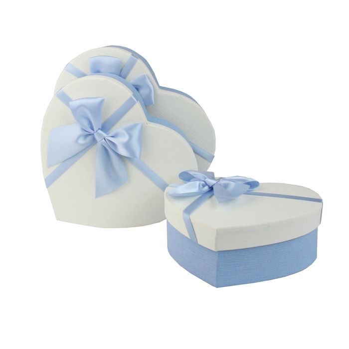 Emartbuy Set of 3 Rigid Heart Shaped Presentation Gift Box, Textured Blue Box with White Lid, Polka Dots Interior and Satin Bow Ribbon