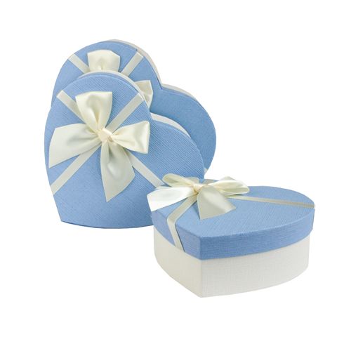 Emartbuy Set of 3 Rigid Heart Shaped Presentation Gift Box, Textured White Box with Blue Lid, Polka Dots Interior and Satin Bow Ribbon