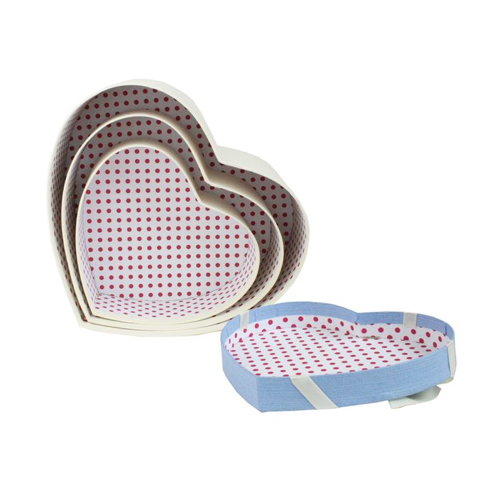 Emartbuy Set of 3 Rigid Heart Shaped Presentation Gift Box, Textured White Box with Blue Lid, Polka Dots Interior and Satin Bow Ribbon