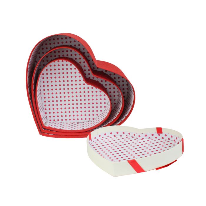 Emartbuy Set of 3 Rigid Heart Shaped Presentation Gift Box, Textured Red Box with White Lid, Polka Dots Interior and Satin Bow Ribbon