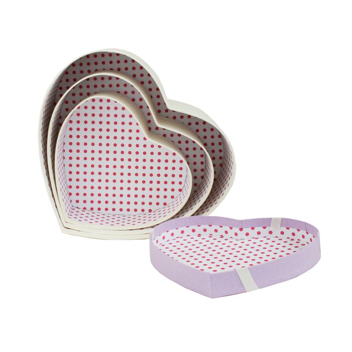 Emartbuy Set of 3 Rigid Heart Shaped Presentation Gift Box, Textured White Box with Lilac Lid, Polka Dots Interior and Satin Bow Ribbon