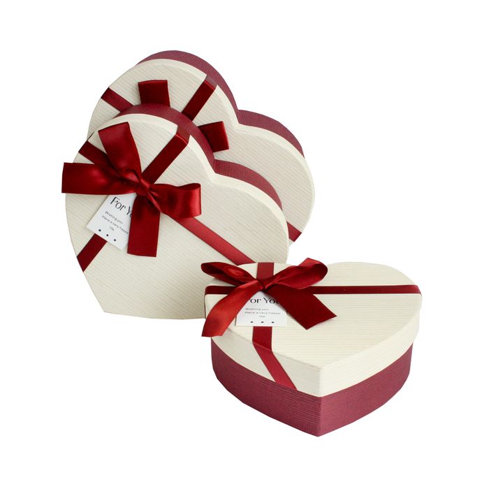 Emartbuy Set of 3 Rigid Heart Shaped Presentation Gift Box, Burgundy Box with Cream Striped Lid, Chocolate Brown Interior and Satin Bow Ribbon