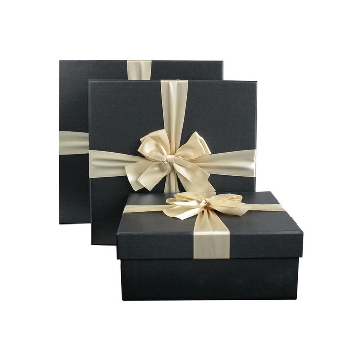 Emartbuy Set of 3 Rigid Presentation Gift Box, Black Box with Black Lid, Brown Interior and Gold Satin Decorative Ribbon