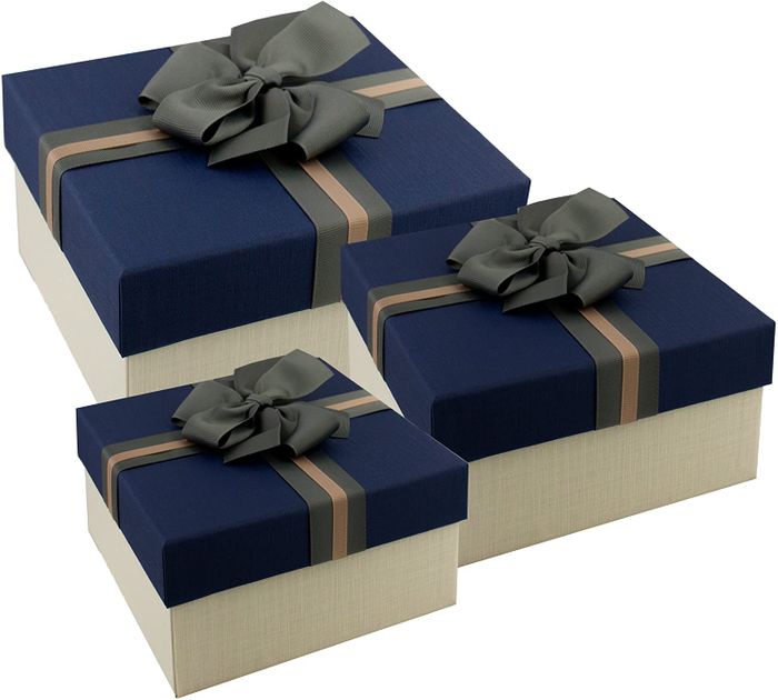 Emartbuy Set of 3 Rigid Gift Box, Cream Box with Blue Lid, Brown Interior and Grey Brown Ribbon