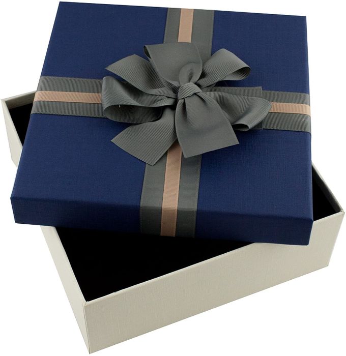 Emartbuy Set of 3 Rigid Gift Box, Cream Box with Blue Lid, Brown Interior and Grey Brown Ribbon