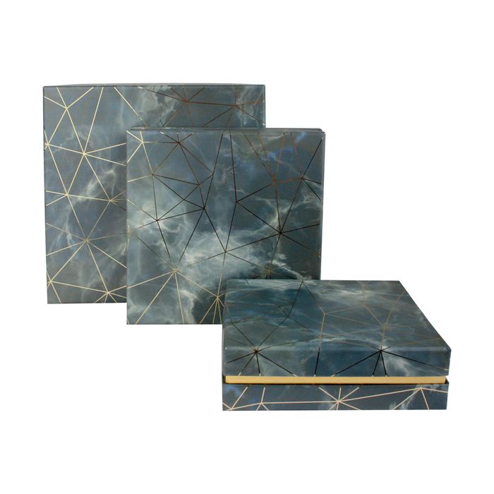 Emartbuy Set of 3 Rigid Square Luxury Presentation Gift Box, Blue/Grey Marble Effect with Gold Origami Lines and Pink Chequered Interior