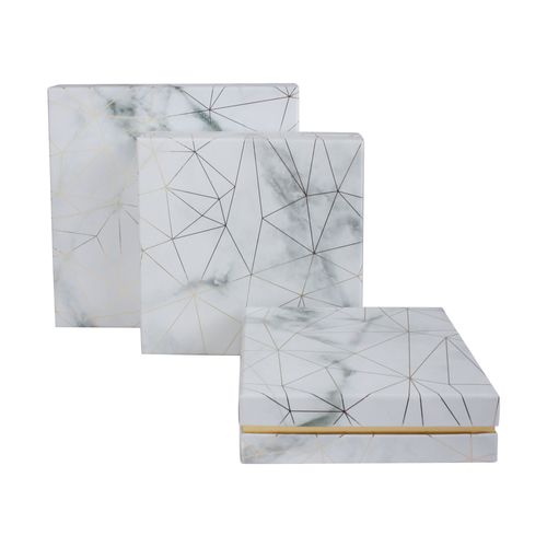 Emartbuy Set of 3 Gift Box, White Marble Effect with Gold Origami Lines and Pink Chequered Interior
