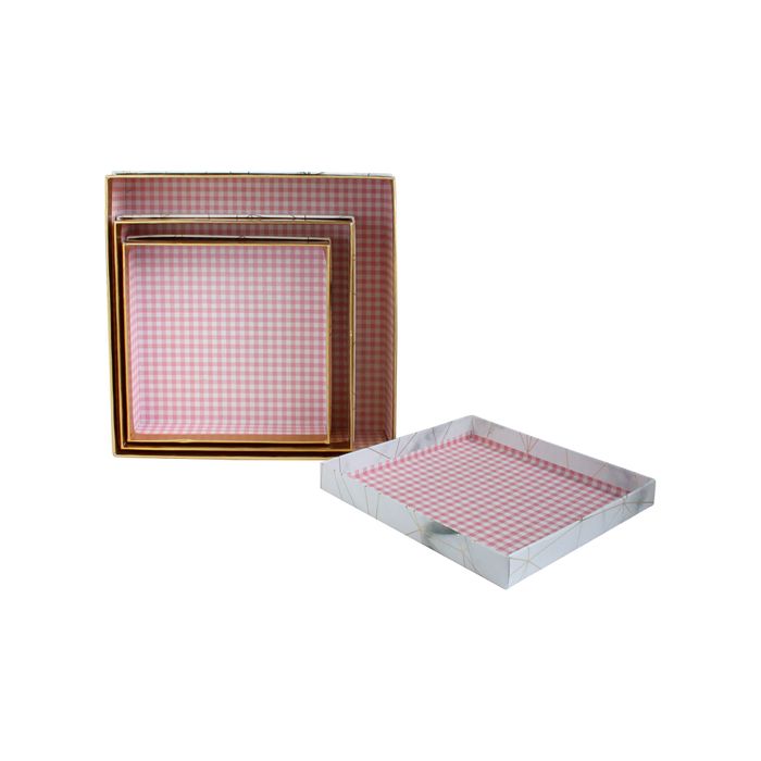 Emartbuy Set of 3 Gift Box, White Marble Effect with Gold Origami Lines and Pink Chequered Interior