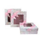 Emartbuy Set of 3 Rigid Square Luxury Presentation Gift Box, Pink Marble Effect with Gold Origami Lines, Pink Chequered Interior, Clear Top and Satin Bow Ribbon