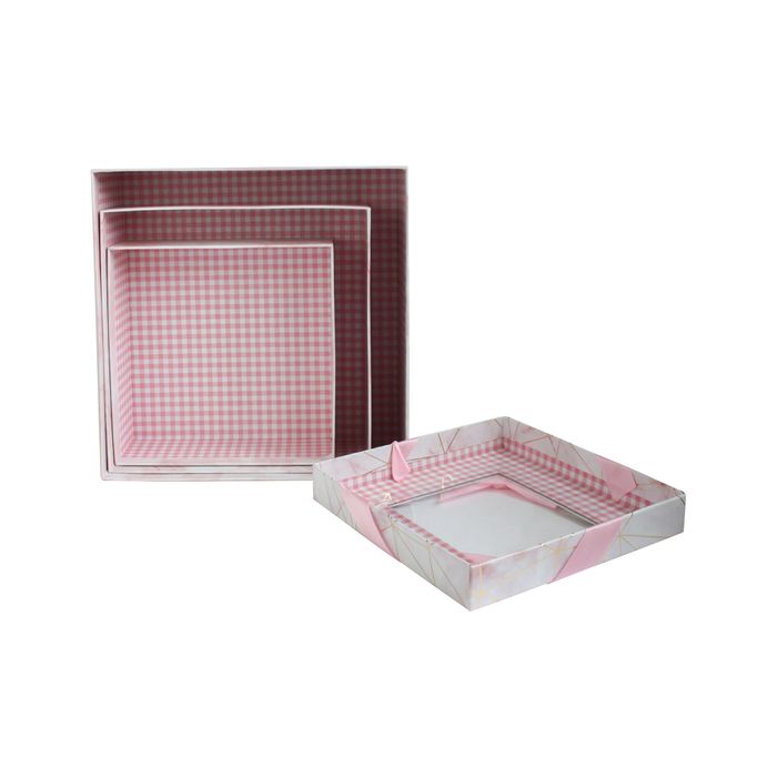 Emartbuy Set of 3 Rigid Square Luxury Presentation Gift Box, Pink Marble Effect with Gold Origami Lines, Pink Chequered Interior, Clear Top and Satin Bow Ribbon