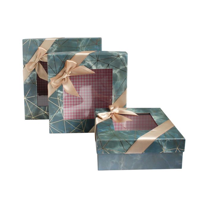 Emartbuy Set of 3 Rigid Square Luxury Presentation Gift Box, Blue/Grey Marble Effect with Gold Origami Lines, Pink Chequered Interior, Clear Top and Satin Bow Ribbon