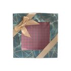 Emartbuy Set of 3 Rigid Square Luxury Presentation Gift Box, Blue/Grey Marble Effect with Gold Origami Lines, Pink Chequered Interior, Clear Top and Satin Bow Ribbon