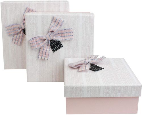 Emartbuy Set of 3 Rigid Luxury Square Shaped Presentation Gift Box, Baby Pink Box with Textured Lid, Chocolate Brown Interior and Striped Decorative Bow Ribbon