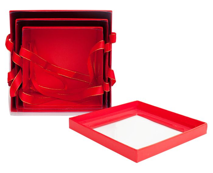 Emartbuy Set of 3 Rigid Luxury Square Presentation Gift Box, Red Print with Transparent Top, Double Layer Interior and Red and Gold Satin Ribbon Handles