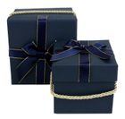 Emartbuy Set of 2 Rigid Luxury Square Shaped Presentation Gift Box, Dark Blue Gift Box with Satin Ribbon, Chequered Interior and Golden Carry Handle
