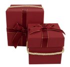 Emartbuy Set of 2 Rigid Gift Box, Red Gift Box with Satin Ribbon and Golden Carry Handle