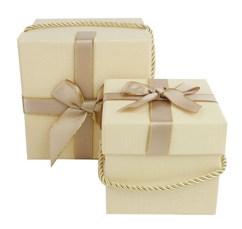 Emartbuy Set of 2 Rigid Luxury Square Shaped Presentation Gift Box, Beige Gift Box with Satin Ribbon, Chequered Interior and Golden Carry Handle