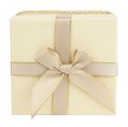 Emartbuy Set of 2 Rigid Luxury Square Shaped Presentation Gift Box, Beige Gift Box with Satin Ribbon, Chequered Interior and Golden Carry Handle