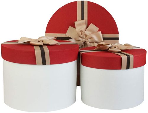 Emartbuy Set of 3 Round Gift Box, White Box with Red Lid and Striped Brown Ribbon