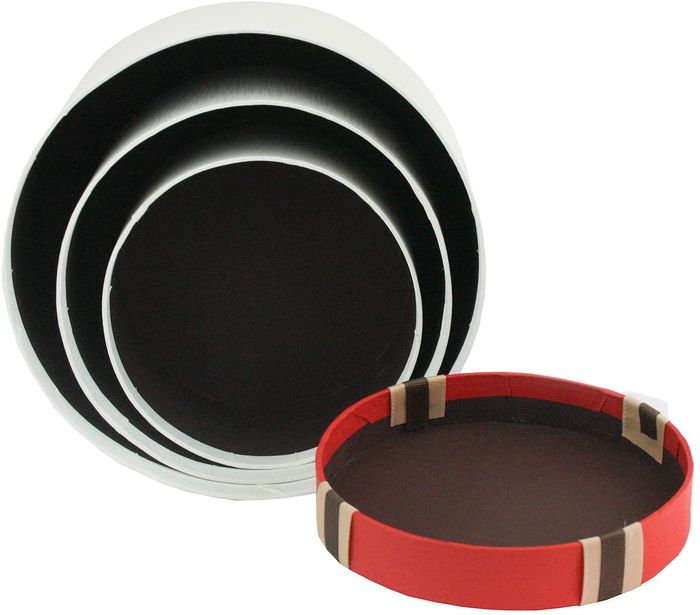 Emartbuy Set of 3 Round Gift Box, White Box with Red Lid and Striped Brown Ribbon