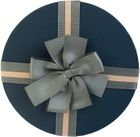 Emartbuy Set of 3 Round Gift Box, White Box with Blue Lid and Striped Brown Ribbon