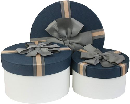 Emartbuy Set of 3 Round Gift Box, White Box with Blue Lid and Striped Brown Ribbon