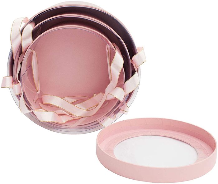 Emartbuy Set of 3 Rigid Luxury Round Presentation Flower Gift Box, Pink Print with Transparent Top, Double Layer Interior and Pink and Gold Satin Ribbon Handles