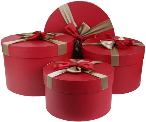 Emartbuy Set of 4 Round Gift Box, Red Box with Lid, Printed Interior and Red Gold Satin Ribbon