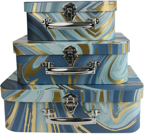 Emartbuy Set of 3 Rigid Suitcase Gift Box, Dark Blue Gold Marble Print with Metal Handle and Clasp