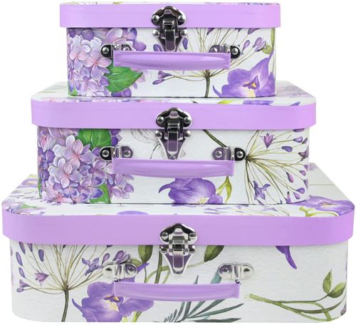 Emartbuy Set of 3 Rigid Luxury Presentation Suitcase Storage Gift Box, Lilac Floral Print with Lilac Lid, Lilac Interior with Metal Handle and Clasp